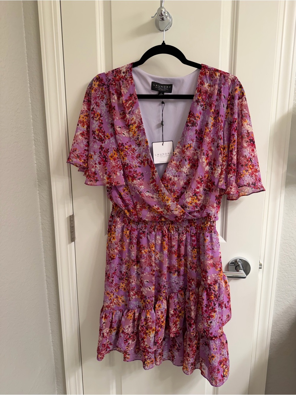 Laundry By Shelli Segal Lavender Floral Wrap-Style Ruffle Dress